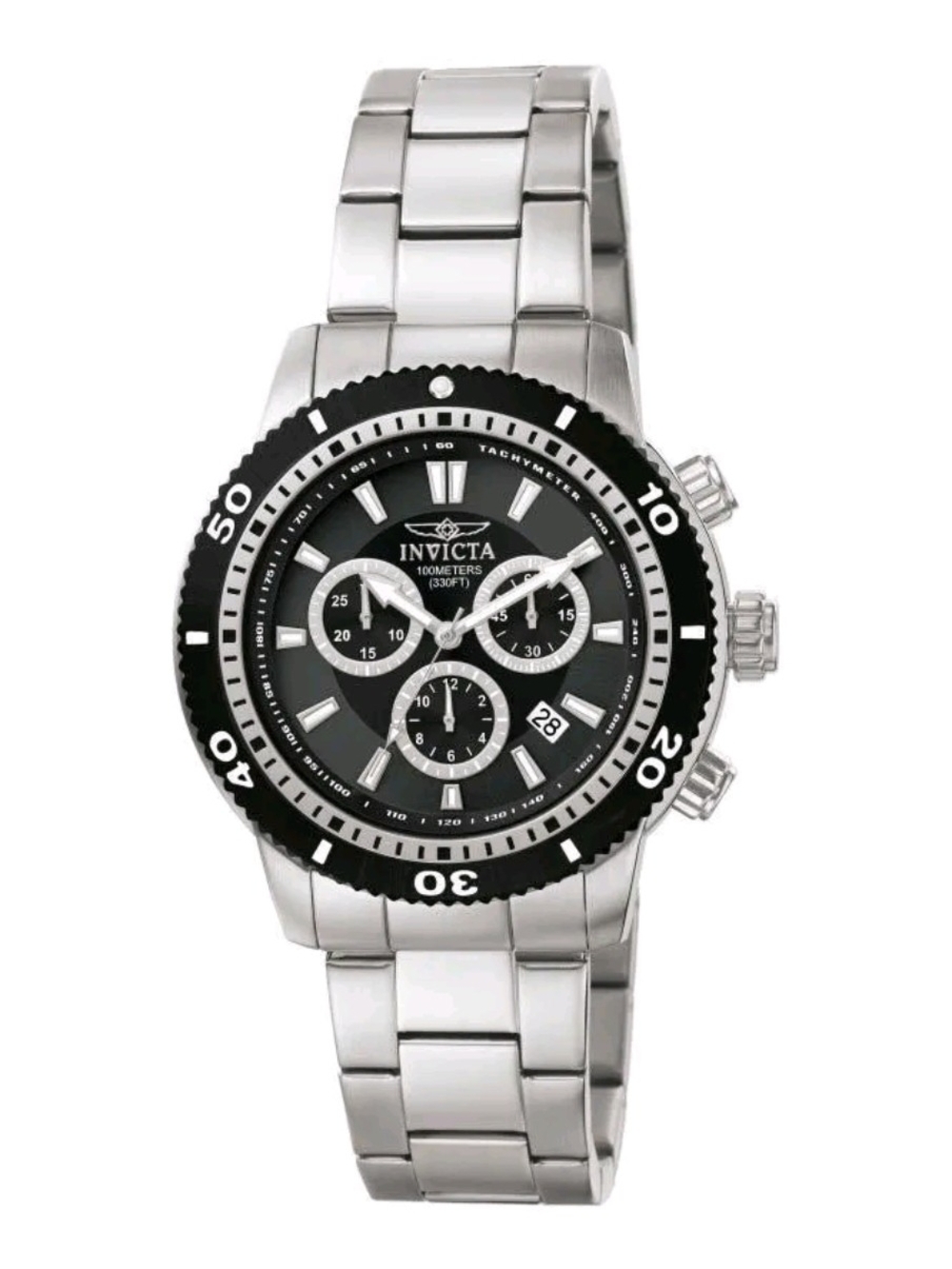 Invicta Silver Bracelet Watch with Black Dial and Bezel 45mm